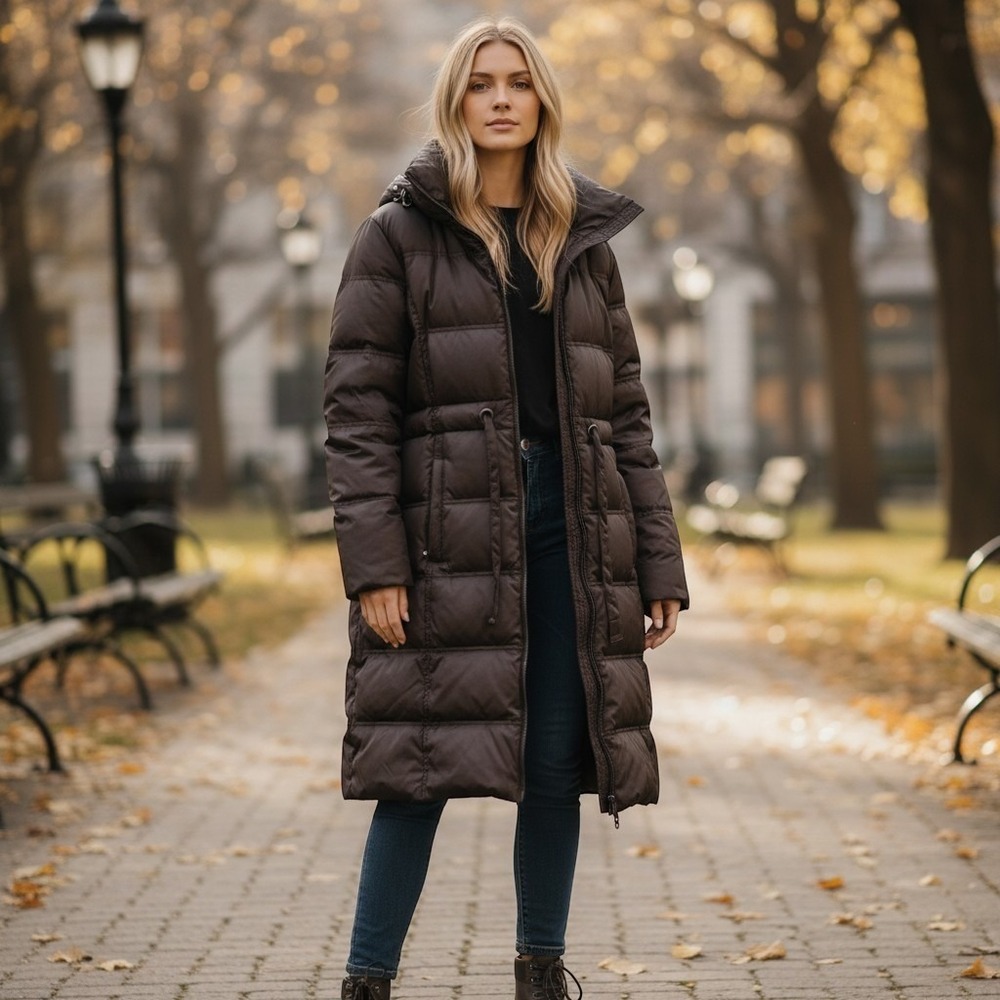 Kenneth Cole Reaction Womens Brown Down Puffer Coat Faux Fur Hood Large